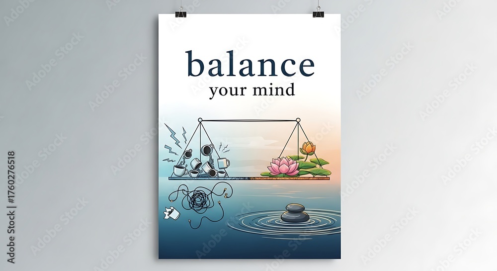 Obraz premium Balance Your Mind Poster with Scales and Nature Elements.