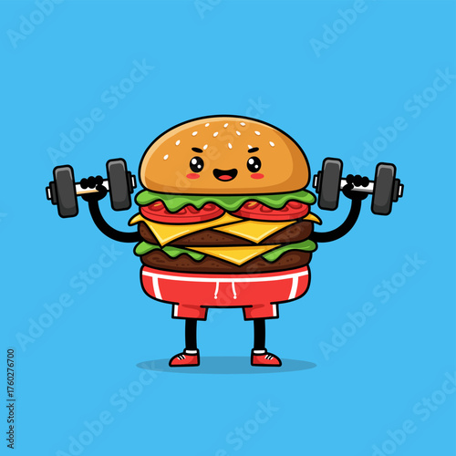 Cute Cartoon Burger Lifting Dumbbells with Fitness, Healthy Eating, Diet, and Blue Background.