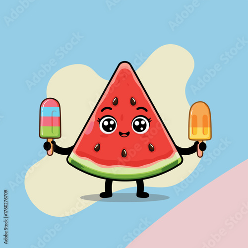 Cute Cartoon Watermelon Slice with Popsicles with Summer Fun, Sweet Treat, and Delightful.