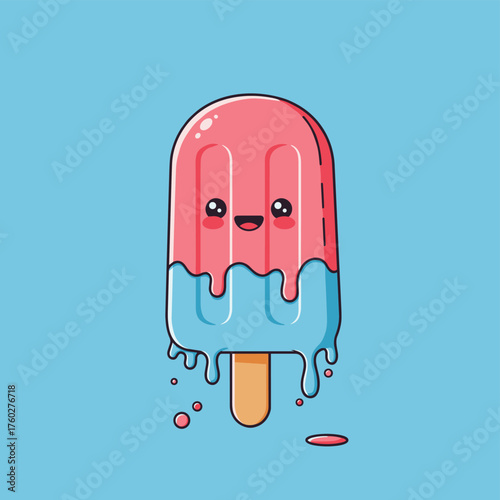 Cute Cartoon Popsicle with Happy Sweet Treat, Melting Ice Cream, Summer Fun, and Blue Background.