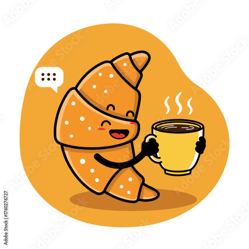 Cute Croissant Character with Coffee with Smiling, Breakfast, and Cartoon Illustration.