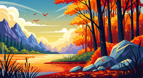 A serene autumnal landscape illustration of a calm lake surrounded by a vibrant, colorful forest and distant mountains at sunset d