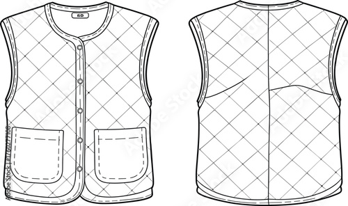 Quilted sleeveless vest front and back view, pocket detail fashion design template, outerwear clothing apparel, cad drawing flat vector illustration