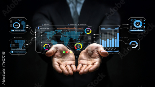Hands Displaying Virtual Data Interface with World Map, Charts, Graphs, and Analytical Metrics for Business Insights and Technology Applications