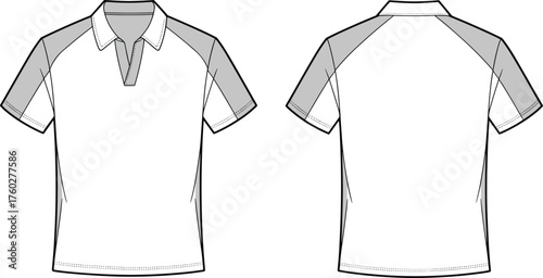 Raglan sleeve polo shirt flat sketch, contrast panel t-shirt CAD drawing, apparel design vector template, fashion clothing technical illustration