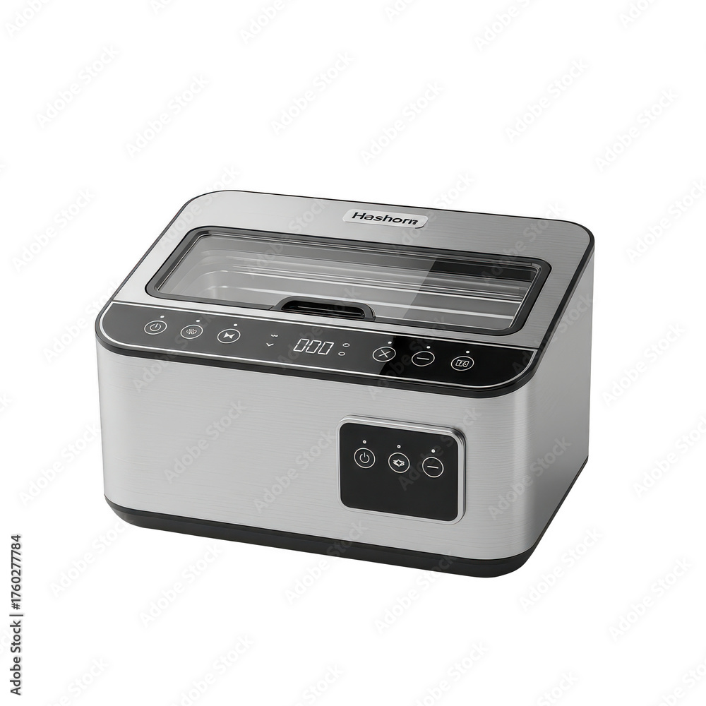 Obraz premium Silver ultrasonic cleaner with digital display isolated illustration on transparent background