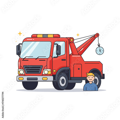 Shiny red tow truck with cartoon boy character