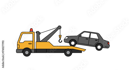 Yellow tow truck towing black car illustration
