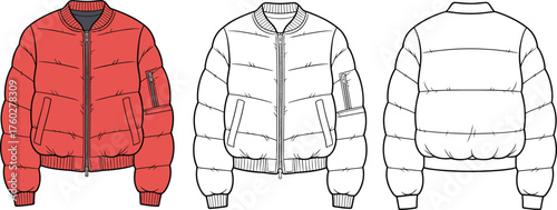 Red puffer jacket front and back view, bomber coat winter fashion design, quilted outerwear technical drawing, cad drawing flat vector illustration