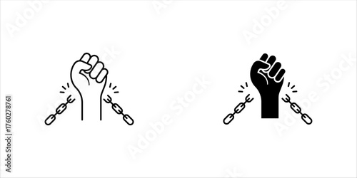 Black man s fist, human hands raised up icon, art concept of resistance, strength, majority, fight, defending rights of society. Broken chains, freedom from shackles Vector Isolated line illustration