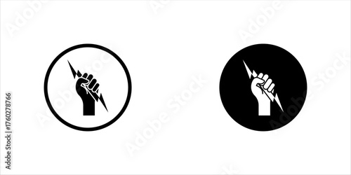 Fist and zipper isolated on white background icon set. The hand clenched into a fist holds a lightning bolt. Power and energy concept. Vector illustration vector illustration, eps 10