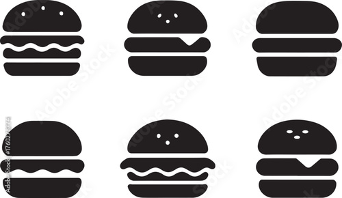 Burger Icon Set Silhouette Vector Food Graphic Hamburger Fast Food Menu Restaurant Diner Meal Symbol Collection Patty Cheese Lettuce Bun Sesame Seeds Icons