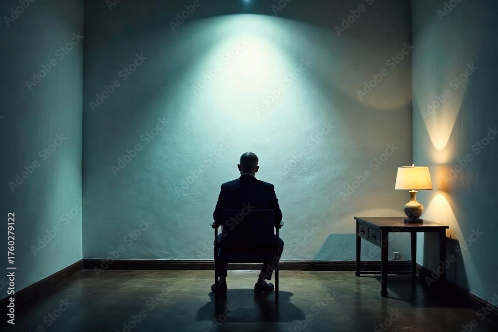 Obraz premium Tense Interrogation Room A Single Chair, Stark White Wall, and Dim Lighting Create a Suspenseful Atmosphere of Pressure and Difficult Questioning.