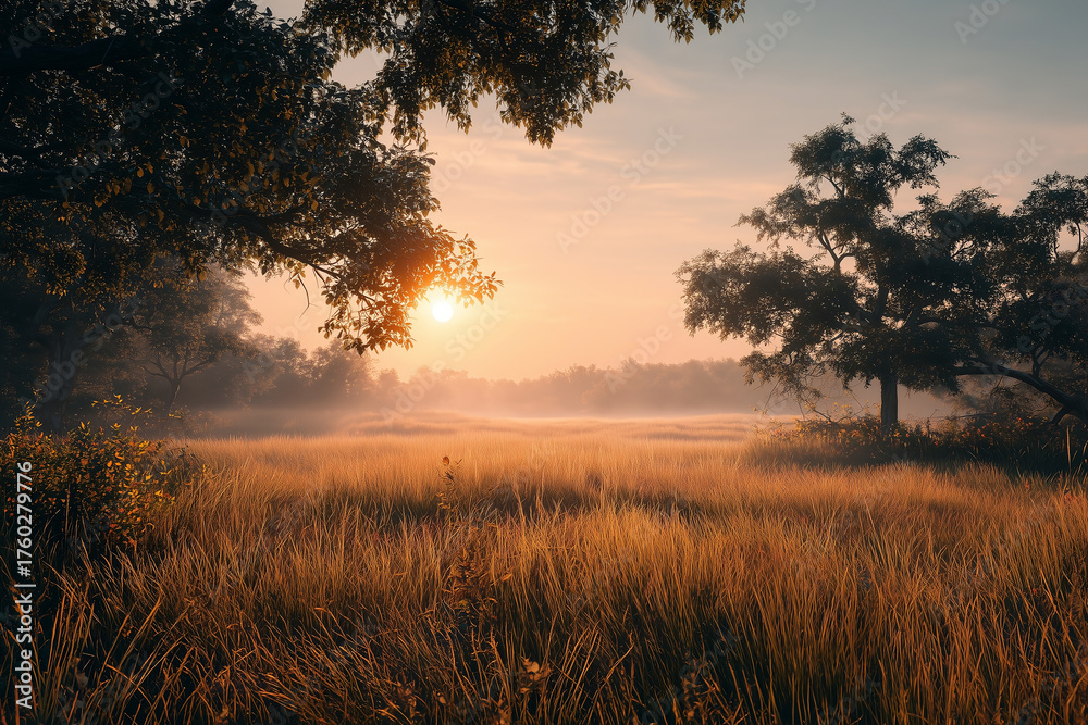 Fototapeta premium peaceful golden sunset meadow soft sunlight mist atmosphere nature photography
