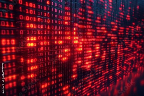 Wallpaper Mural Close-up digital screen displaying glowing red binary code with a mix of zeros and ones conveying a sense of cybersecurity threat or hacking Torontodigital.ca