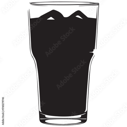 Tall glass filled with dark beverage and ice cubes