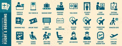 Flight and Boarding airport icon set with 24 clean duotone vector pictograms