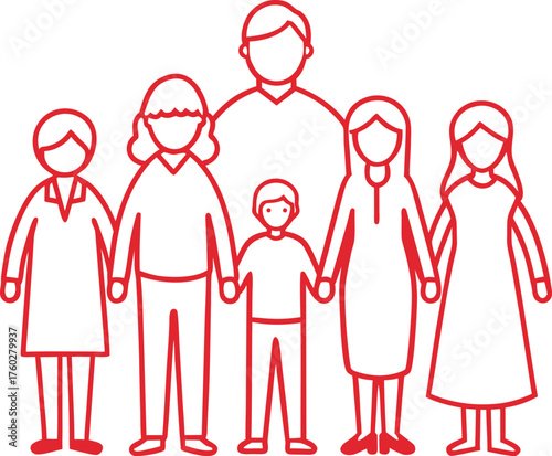 Red line art of a multi-generational family holding hands in a row generations family reunion vector