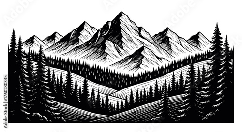 mountain forest engraving black and white outline