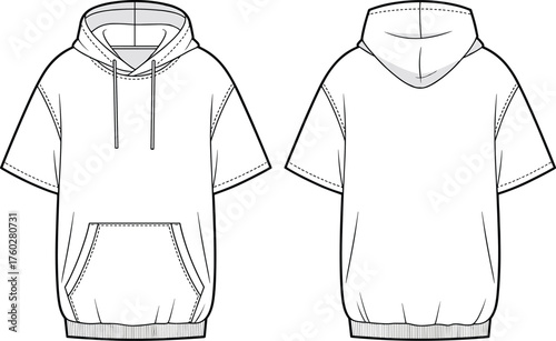 Short sleeve hoodie technical flat sketch, front and back view, casual fashion streetwear template, vector apparel design, cad drawing flat illustration