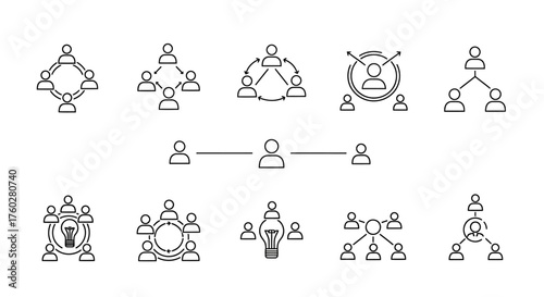 A collection of line icons depicting concepts of teamwork, networking, hierarchy, and business collaboration.
