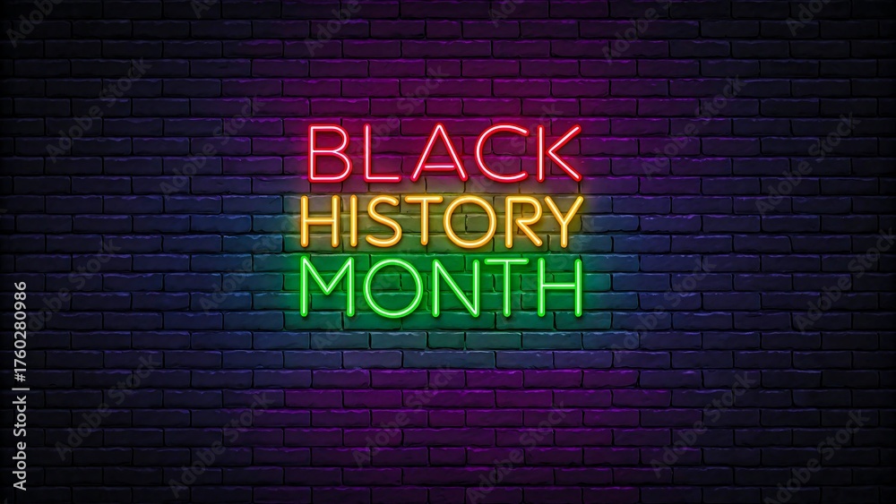 Obraz premium Colorful neon glowing black history month sign on dark brick wall background 