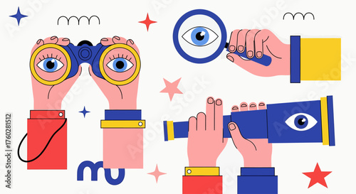 Illustration of hands holding binoculars, a magnifying glass, and a telescope for observation and discovery.