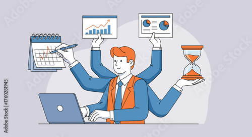 Cartoon man multitasking with laptop, calendar, charts, and hourglass.