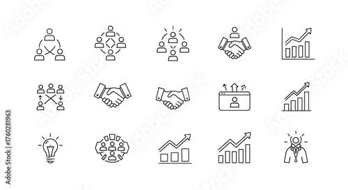 Collection of business and finance icons representing teamwork, growth, and collaboration.