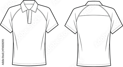 Short sleeve raglan polo shirt technical flat sketch, front and back view apparel design, clothing template cad drawing flat vector illustration
