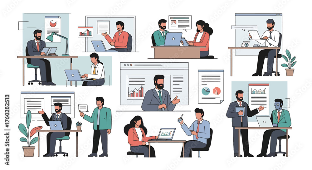 Obraz premium Diverse office scenes depicting professionals collaborating, analyzing data, and working on computers.