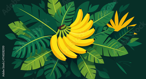 Vibrant Yellow Bananas Nestled Amidst Lush Tropical Green Leaves and Exotic Flora