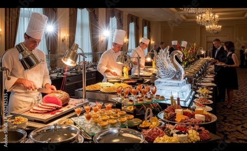 Professional Chefs Serving Guests at a Luxurious Hotel Buffet Dinner