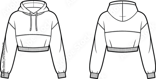 Cropped hoodie fashion sketch, front and back view, drawstring hood and seam details, cad drawing flat vector illustration