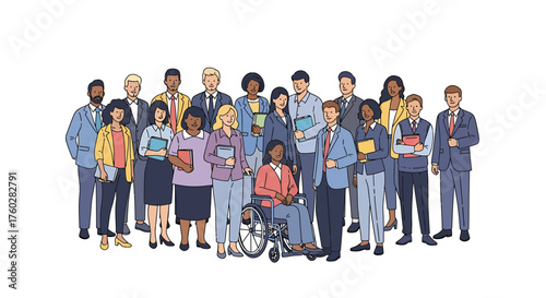 Diverse group of business people standing together, holding documents.