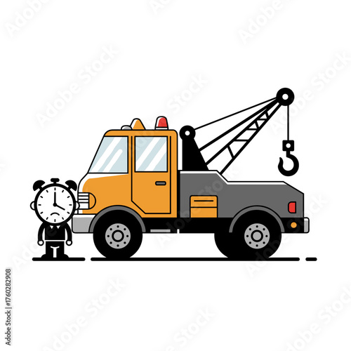 Clock character standing near yellow tow truck