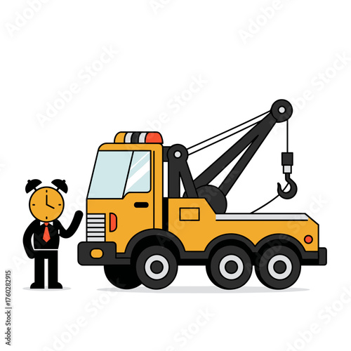 Clock-headed worker standing beside tow truck