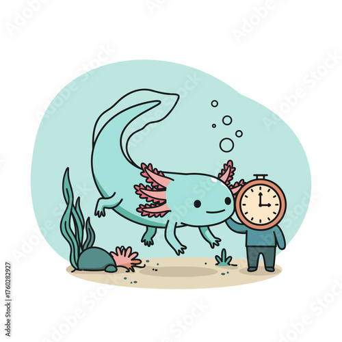 Axolotl and clock friend exploring the ocean floor