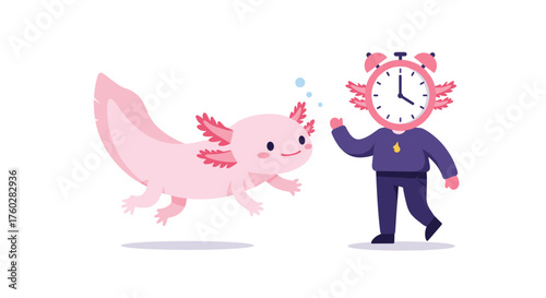 Pink axolotl meeting a clock-headed character