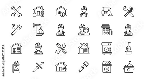 A collection of line art icons representing various aspects of home repair, construction, and maintenance services.