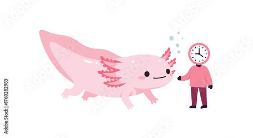 Cute pink axolotl swimming with clock character