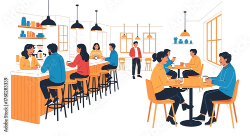 Illustration of a modern coffee shop interior with diverse people socializing, drinking coffee at tables and the bar counter.