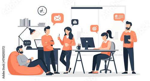 Illustration of a modern office environment with people engaged in various activities, communicating and working.
