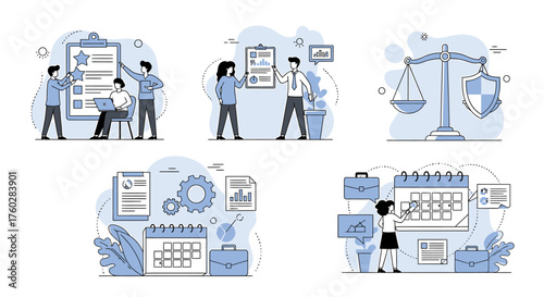 A collection of business and legal concept illustrations including quality control, document management, justice, process management, and strategic planning.