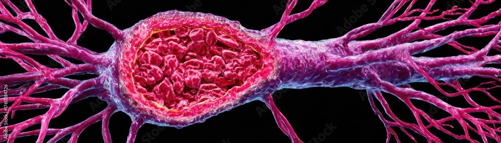 Obraz premium Atherosclerosis blocked blood vessel by plaque concept. Close-up view of a colorful cell showcasing intricate details.