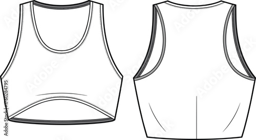 Women crop tank top, sleeveless activewear design, sports bra style, vector fashion flat sketch, technical CAD drawing, clothing template, fitness apparel