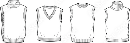 Sleeveless sweater vest fashion sketch set, turtleneck, V-neck, crew neck styles, cad drawing flat vector illustration