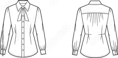 Women’s blouse with bow tie collar fashion sketch, front and back view, garment construction, cad drawing flat vector illustration