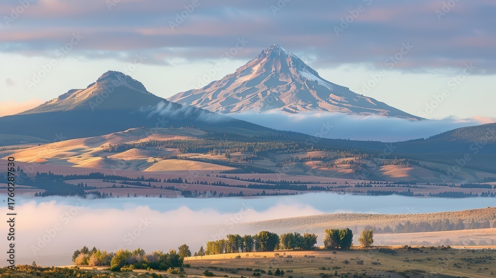 Naklejka premium Mount hood with fog and golden fields