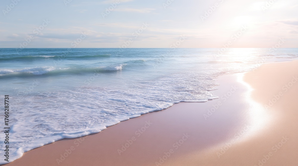 Obraz premium Calm Ocean Waves Gently Lapping Against Soft Sandy Beach at Sunrise with Beautiful Pastel Sky
